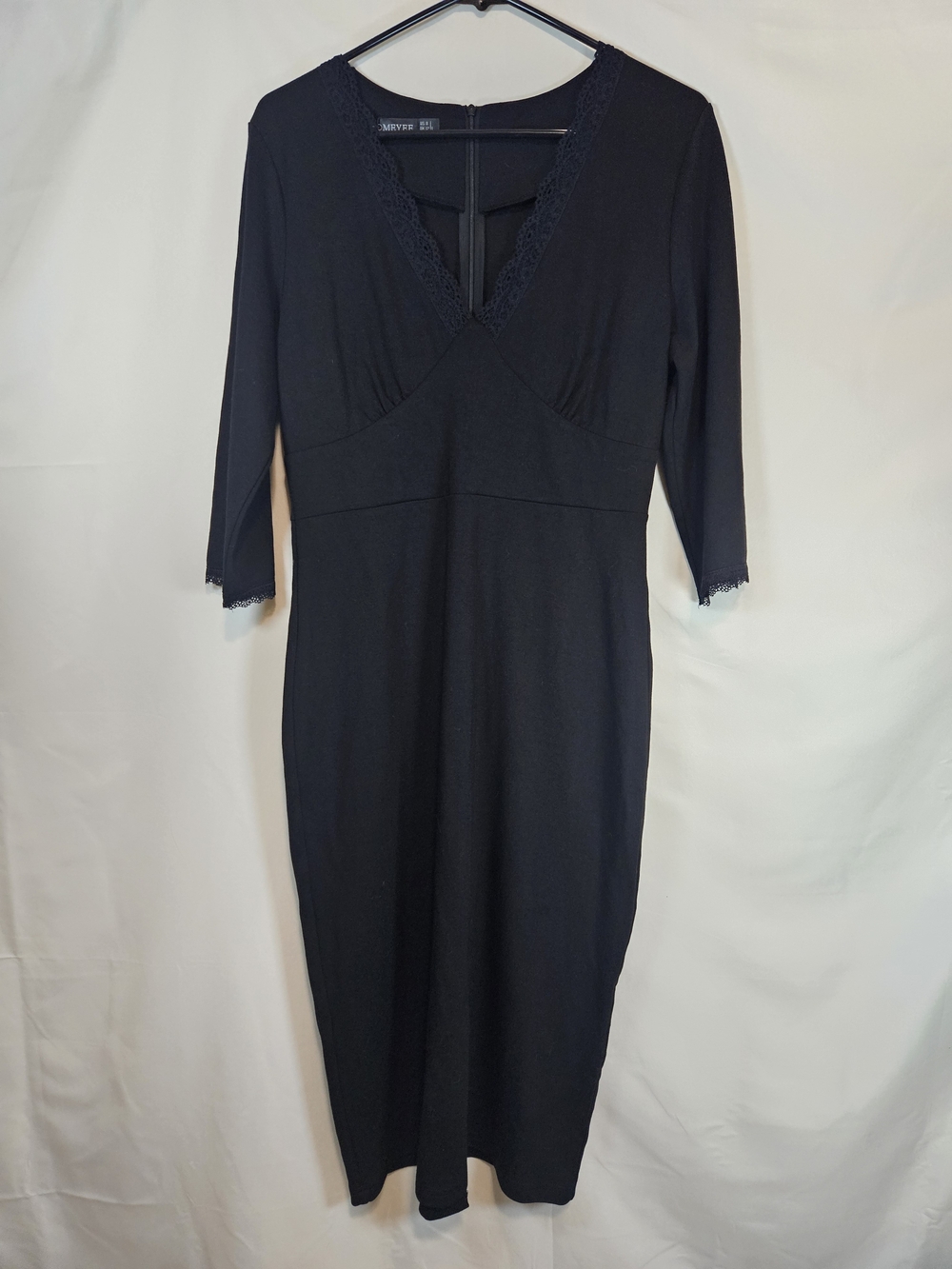 Classic Black V-Neck Midi Dress with Lace Trim